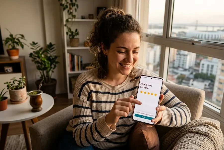 Relaxed host receiving a 5-star review on their phone